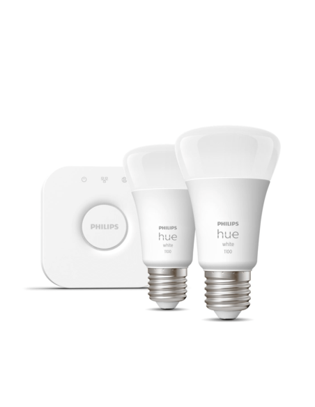 Philips HueWhite Ampoule Intelligente Kit de Démarrage Lumière Blanche Chaude Intensité Réglable 9,5W 2700K 1055lm E27 Hue Bridg