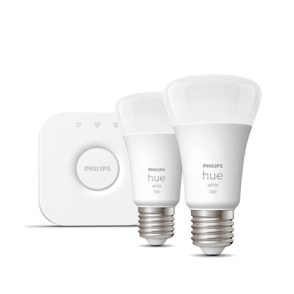 Kit de inicio bombillas inteligentes Philips HueWhite luz blanca cálida regulable 9.5W 2700K 1055lm E27 Hue Bridge incluido