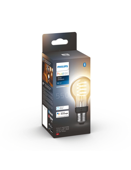 Bombilla inteligente Philips Hue White Ambiance 7W 2200-4500K Fil 550lm A60 E27 caja producto