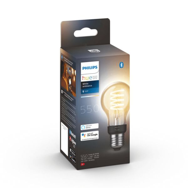 Bombilla inteligente Philips Hue White Ambiance 7W 2200-4500K Fil 550lm A60 E27 caja producto