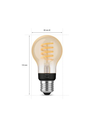 Bombilla inteligente Philips Hue White Ambiance 7W 2200-4500K Fil 550lm A60 E27 medidas producto