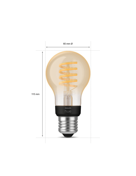 Bombilla inteligente Philips Hue White Ambiance 7W 2200-4500K Fil 550lm A60 E27 medidas producto