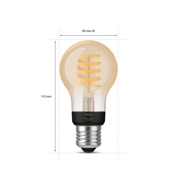 Bombilla inteligente Philips Hue White Ambiance 7W 2200-4500K Fil 550lm A60 E27 medidas producto