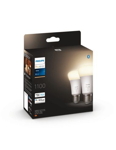 Bombilla inteligente Philips HueWhite 9.5W 2700K luz blanca cálida regulable 1055lm A60 E27 Pack 2 caja producto
