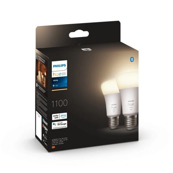 Bombilla inteligente Philips HueWhite 9.5W 2700K luz blanca cálida regulable 1055lm A60 E27 Pack 2 caja producto
