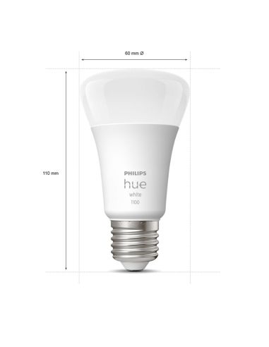 Ampoule intelligente Philips HueWhite 9.5W 2700K dimmable lumière blanc chaud 1055lm A60 E27 Pack 2 mesures produits