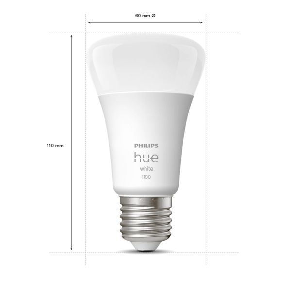Lâmpada inteligente Philips HueWhite 9.5W 2700K regulável luz branca quente 1055lm A60 E27 Pack 2 medidas produtos