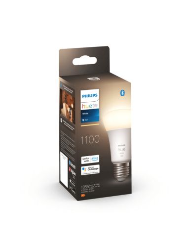 Bombilla inteligente Philips HueWhite 9.5W 2700K luz blanca cálida regulable 1055lm A60 E27 caja producto