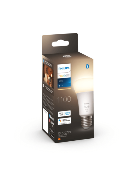 Bombilla inteligente Philips HueWhite 9.5W 2700K luz blanca cálida regulable 1055lm A60 E27 caja producto