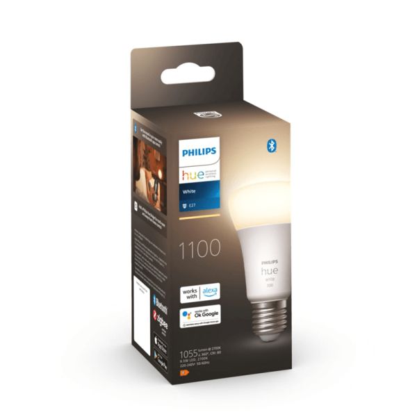 Bombilla inteligente Philips HueWhite 9.5W 2700K luz blanca cálida regulable 1055lm A60 E27 caja producto