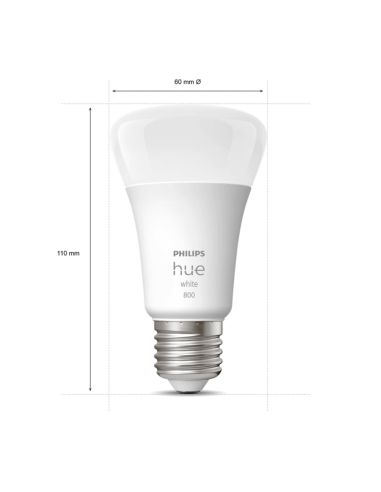 Bombilla inteligente Philips HueWhite 9.5W 2700K luz blanca cálida regulable 1055lm A60 E27 medida producto