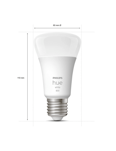 Bombilla inteligente Philips HueWhite 9.5W 2700K luz blanca cálida regulable 1055lm A60 E27 medida producto
