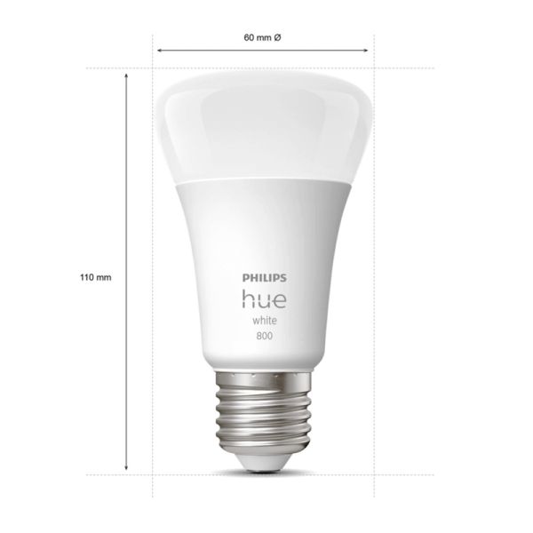 Bombilla inteligente Philips HueWhite 9.5W 2700K luz blanca cálida regulable 1055lm A60 E27 medida producto