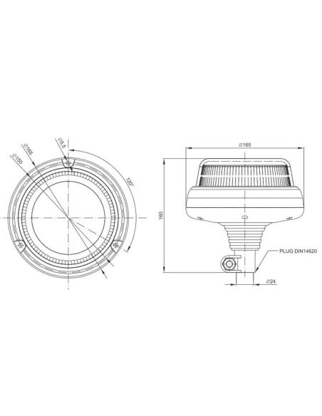 Dimensiones Rotativo LED muy potente con Doble Flash FT-101 DF LED PI TA1 12V 24V Sujección DIN Fristom FT-101 DF | LeonLeds