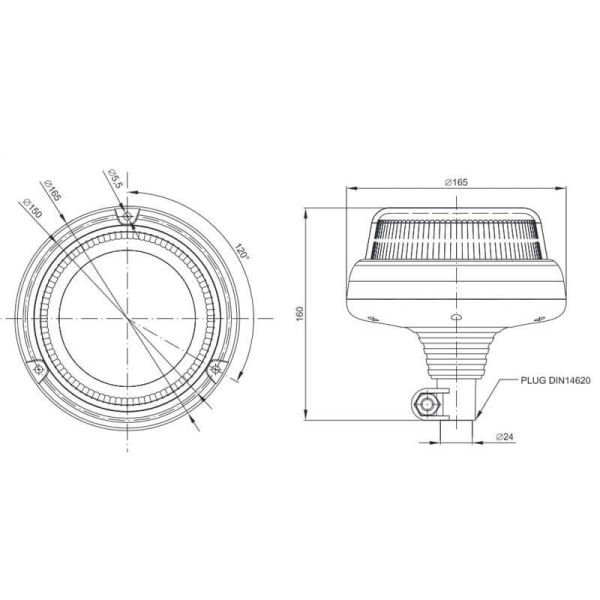 Dimensiones Rotativo LED muy potente con Doble Flash FT-101 DF LED PI TA1 12V 24V Sujección DIN Fristom FT-101 DF | LeonLeds
