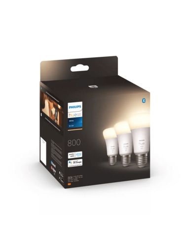 Bombilla inteligente Philips HueWhite 9W A60 2700K luz blanca cálida regulable E27 806lm Pack 3 caja producto