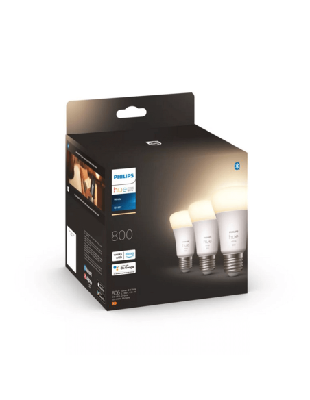 Bombilla inteligente Philips HueWhite 9W A60 2700K luz blanca cálida regulable E27 806lm Pack 3 caja producto