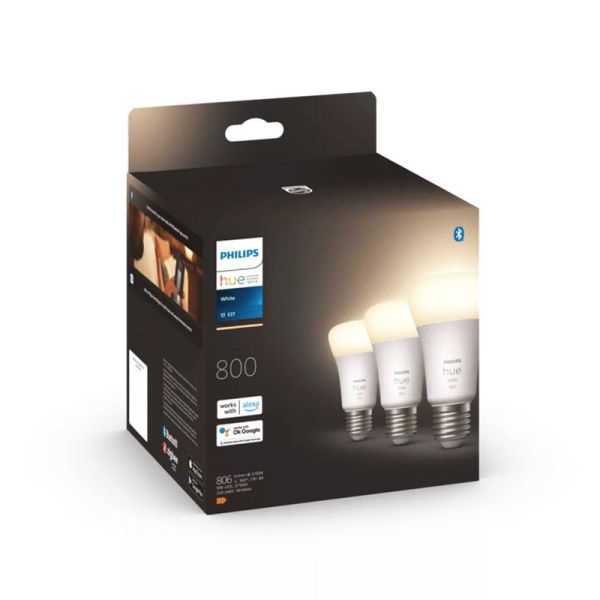 Bombilla inteligente Philips HueWhite 9W A60 2700K luz blanca cálida regulable E27 806lm Pack 3 caja producto