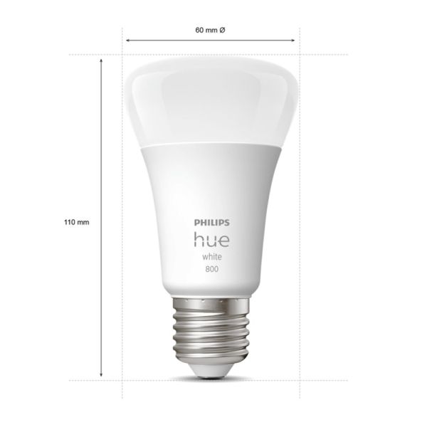 Ampoule intelligente Philips HueWhite 9W A60 2700K lumière blanche chaude dimmable E27 806lm Pack 3 mesures produit