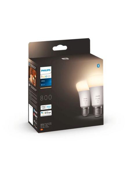 Bombilla inteligente Philips HueWhite 9W A60 E27 806lm 2700K luz blanca cálida regulable Pack 2 caja producto