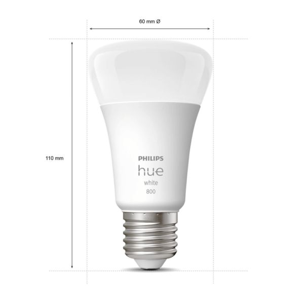 Ampoule intelligente Philips HueWhite 9W A60 E27 806lm 2700K dimmable lumière blanc chaud Pack 2 mesures produit