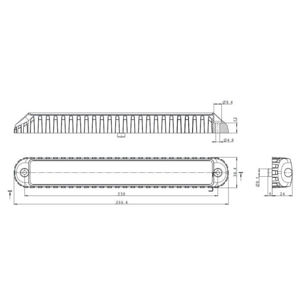 Dimensiones Barra LED trasera con 3 funciones Intermitente, Posición y Freno 12V 24V FT-340 LED Fristom | LeonLeds