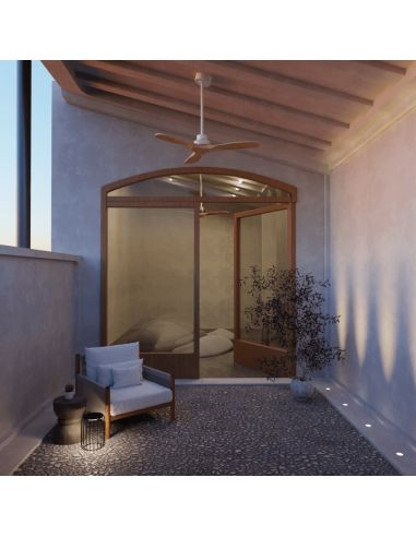 Ventilateur de plafond Nati M style nordique bois et blanc environnement intérieur/extérieur