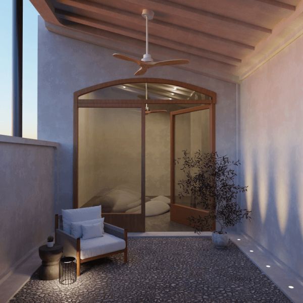 Ventilateur de plafond Nati M style nordique bois et blanc environnement intérieur/extérieur