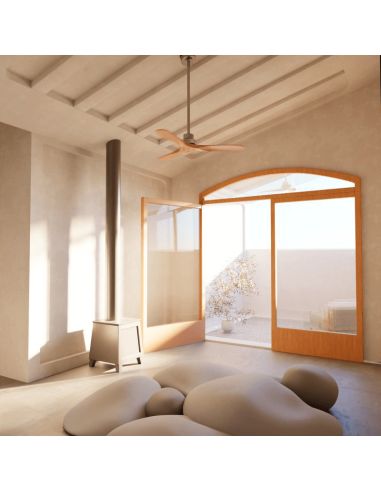 Ventilateur de plafond Nati M style nordique bois et nickel environnement intérieur/extérieur