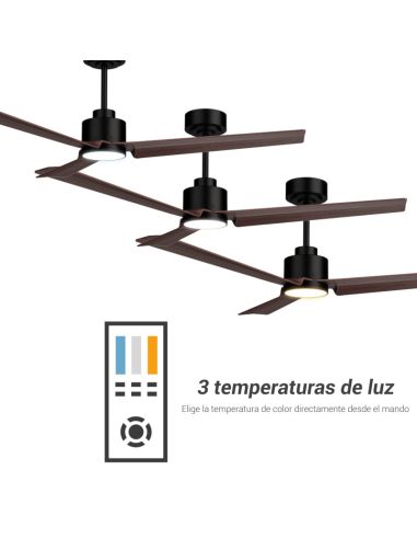 Ventilador de teto LED preto Anne com lâminas de madeira escura DC para grandes espaços com temperaturas de luz