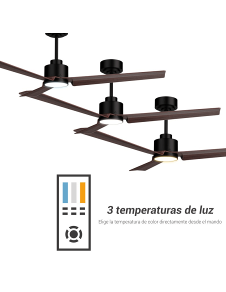 Ventilador de teto LED preto Anne com lâminas de madeira escura DC para grandes espaços com temperaturas de luz