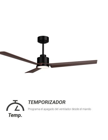 Ventilador de teto LED preto Anne com lâminas de madeira escura DC para grandes espaços com temporizador