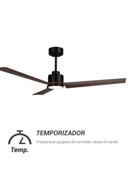 Ventilador de Techo LED Anne negro con palas de madera oscura DC para espacios amplios temporizador