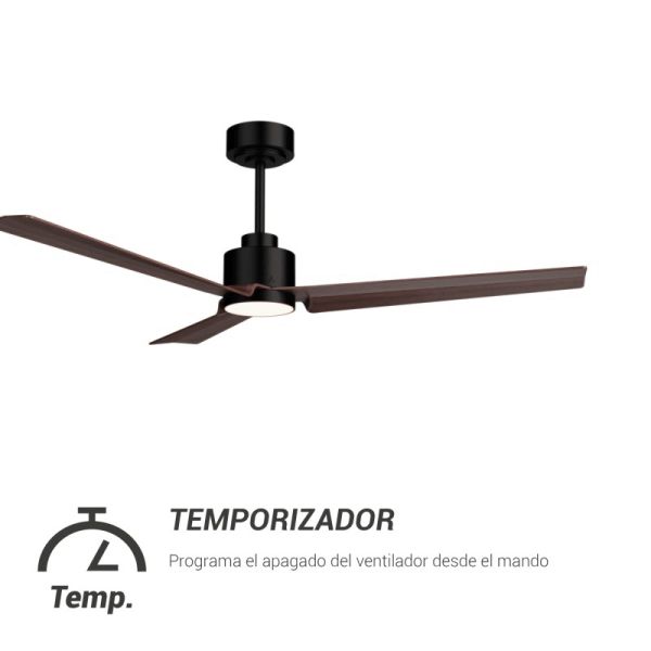 Ventilateur de plafond LED noir Anne avec pales en bois foncé DC pour grands espaces avec minuterie