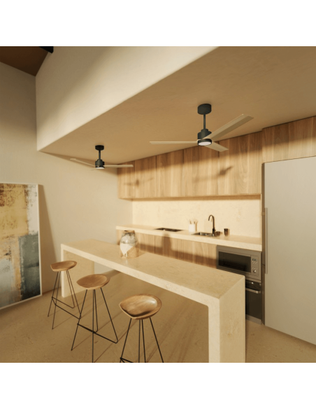 Ventilateur de plafond LED Anne noire avec pales en bois clair DC pour grands espaces ambiants