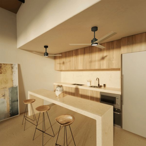 Ventilateur de plafond LED Anne noire avec pales en bois clair DC pour grands espaces ambiants