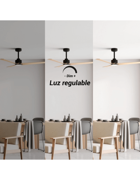Ventilador de teto LED preto Anne com lâminas de madeira DC light para grandes espaços com luz ajustável