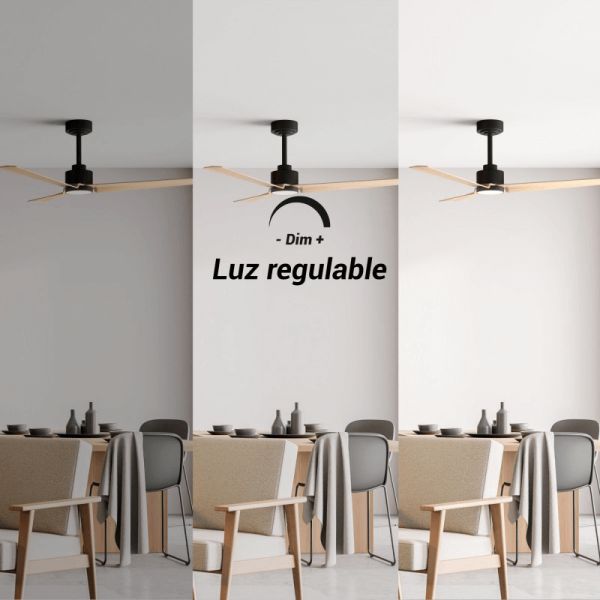 Ventilador de Techo LED Anne negro con palas de madera clara DC para espacios amplios luz regulable