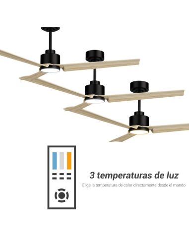 Ventilador de teto LED preto Anne com lâminas de madeira de luz DC para grandes espaços de temperatura de luz