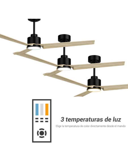 Ventilateur de plafond Anne noir à LED avec pales en bois clair DC pour les grands espaces température de la lumière