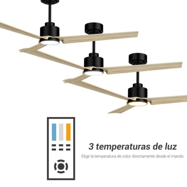 Ventilateur de plafond Anne noir à LED avec pales en bois clair DC pour les grands espaces température de la lumière
