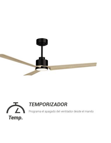 Ventilateur de plafond Anne noir à LED avec pales en bois clair DC pour grands espaces avec minuterie