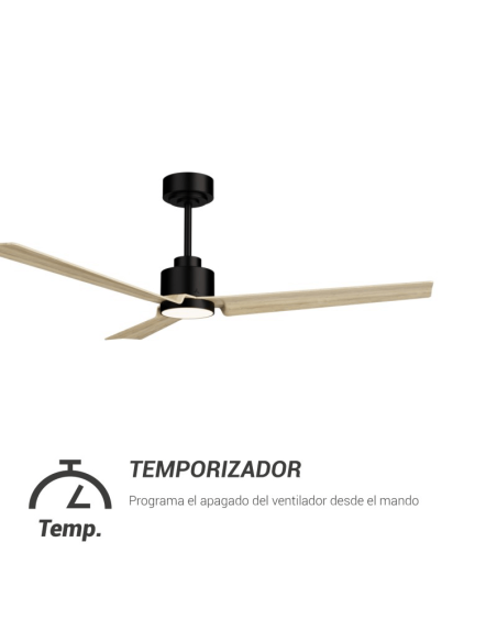 Ventilador de Techo LED Anne negro con palas de madera clara DC para espacios amplios temporizador