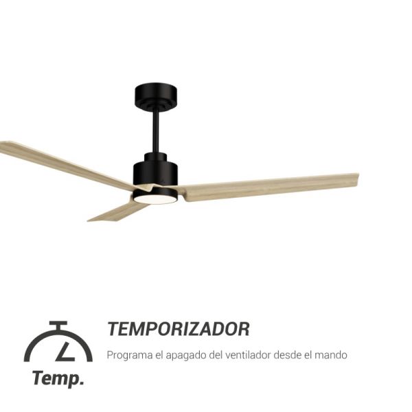 Ventilador de Techo LED Anne negro con palas de madera clara DC para espacios amplios temporizador