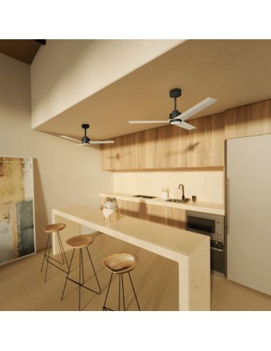 Ventilateur de plafond Anne LED, noir avec pales blanches, CC, pour grands espaces.