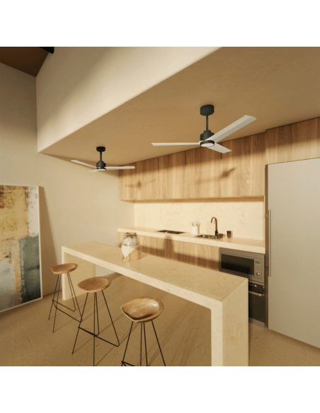 Ventilateur de plafond Anne LED, noir avec pales blanches, CC, pour grands espaces.