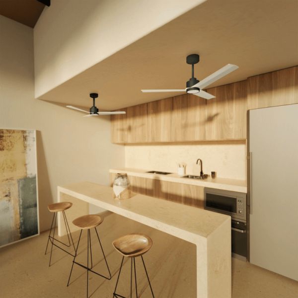 Ventoinha de teto Anne LED, preto com pás brancas, corrente contínua (DC), para espaços amplos.