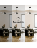 Ventoinha de teto Anne LED, preto com pás brancas, DC, para espaços amplos, luz dimerizável.