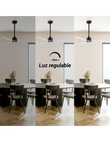 Ventoinha de teto Anne LED, preto com pás brancas, DC, para espaços amplos, luz dimerizável.