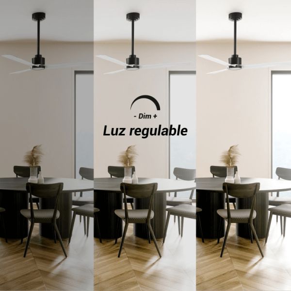 Ventoinha de teto Anne LED, preto com pás brancas, DC, para espaços amplos, luz dimerizável.